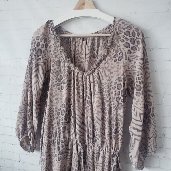 Rebecca Taylor Meow Animal Print 100% Silk Dress Size 10 Ruffle Hem Mob Wife - Picture 3 of 10